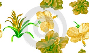 Colorful Watercolor Design. Green Flower Garden. Yellow Seamless Print. Orange Pattern Decor. Blue Tropical Illustration. Autumn I