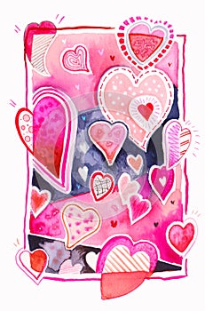 Colorful watercolor drawing full of hearts, decorative, hand painted hearts background