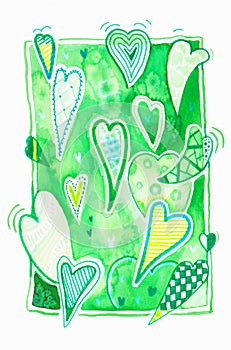 Colorful watercolor drawing full of hearts, decorative, hand painted hearts background.