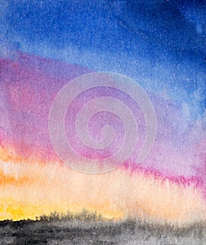 Colorful watercolor drawing of northern lights. Illustration of fairy-tale or magic sky