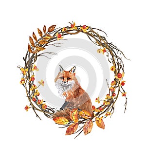 Colorful watercolor fall wreath with fox. Hand painted bittersweet vine, tree branches, yellow and orange leaves, red berries
