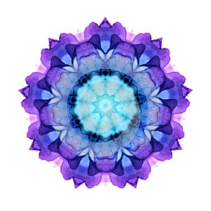 Colorful watercolor flower mandala pattern isolated on white background. Kaleidoscope effect.