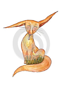 Colorful watercolor fox with grass. Cute animal illustration. Watercolor graphic for fabric, postcard, greeting card