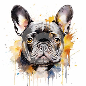 Colorful Watercolor French Bulldog Portrait On White Background