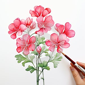 Colorful Watercolor Geranium Flower Painting With Cypress Branches In Cartoon Style