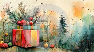 Colorful Watercolor Holiday Gift Boxes with Pine Branches and Festive Decorations photo