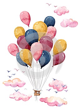 Colorful watercolor hot air baloon made of many small  air balloons soaring in the sky