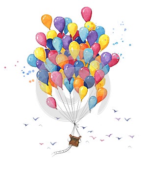 Colorful watercolor hot air baloon made of many small  air balloons soaring in the sky