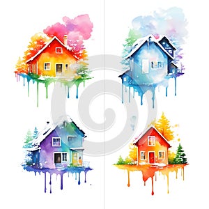 Colorful watercolor houses with dripping paint. Vector illustration isolated on white