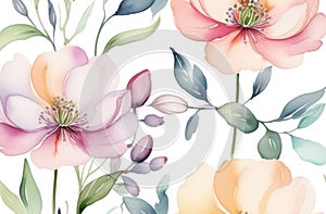 colorful watercolor illustration of blooming field flowers. natural floral pattern on white backdrop
