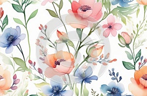 colorful watercolor illustration of field flowers. painted floral pattern on white background