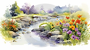 Colorful Watercolor Landscape With Pansies And River Stream