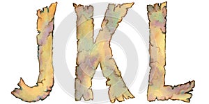 Colorful watercolor letters of the alphabet J,K,L for lettering, monogra . Hand-painted old burnt paper