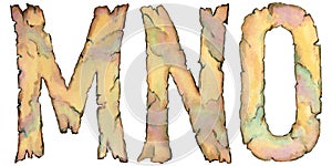 Colorful watercolor letters of the alphabet M-N-O for lettering, monogra . Hand-painted old burnt paper