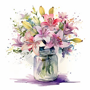 Colorful Watercolor Lily Bouquet In Mason Jar