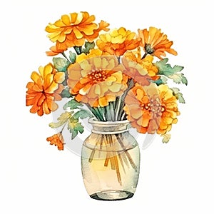 Colorful Watercolor Marigold Bouquet In Vase - Vibrant Floral Illustration