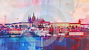 Colorful watercolor montage featuring the famous landmarks and attractions of Prague in the Czech Republic