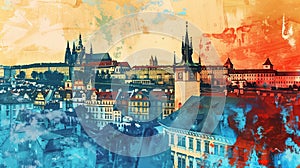 Colorful watercolor montage featuring the famous landmarks and attractions of Prague in the Czech Republic