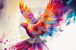 Colorful rainbow fiery phoenix bird watercolor painting photo