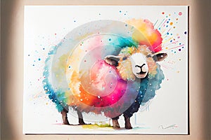 Colorful colourful fluffy ewe sheep animal watercolor illustration