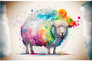 Colorful colourful fluffy ewe sheep animal watercolor illustration