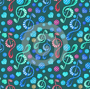 Colorful watercolor music notes seamless pattern on dark background.