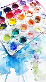 Colorful watercolor paint palette with brushstrokes