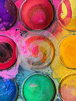 Colorful Watercolor paint palette set in circles dirty