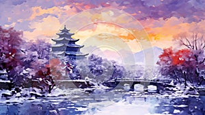 Colorful Watercolor Painting Of An Asian Pagoda In Winter