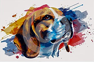 Colorful watercolor painting of a Beagle dog on white background, vibrant brush strokes, artistic animal portrait, pet