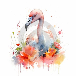 Colorful Watercolor Painting of a Delightful Baby Flamingo in a Flower Field Animal Art, Nature Art Ideal for Art Prints and