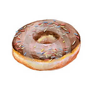 Colorful watercolor painting of donut glazed with chocolate and sprinkling confectionery