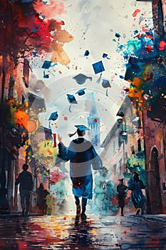 Colorful watercolor painting of a graduate walking in a cap and gown. Graduation time in educational institutions. photo