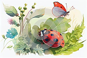 Cute watercolor illustration of a ladybug and butterfly making friends in the garden