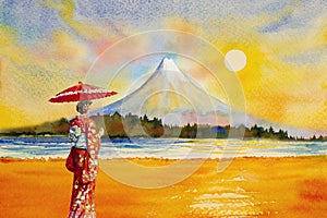 Colorful watercolor painting landmarks in Japan