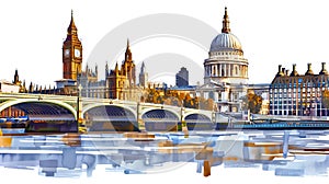 Colorful watercolor painting of London skyline with Big Ben and St. Paul's Cathedral in vibrant hues. Modern and photo