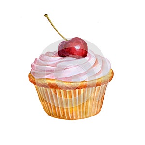 Colorful watercolor painting of small cupcake with vanilla berry cream and red cherry on top