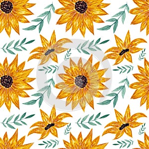 Colorful watercolor pattern with sunflowers and leaves on a white background. Seamless pattern for various products.