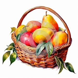 Colorful Watercolor Pears In Exotic Bentwood Basket