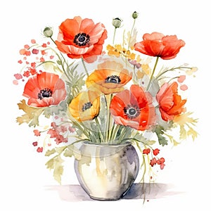 Colorful Watercolor Poppy Bouquet In Vase On White Background