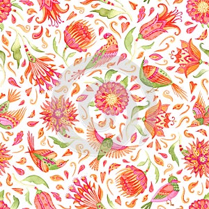 Colorful watercolor seamless pattern with cute birds on white background. Fairytale folk hand painted illustration