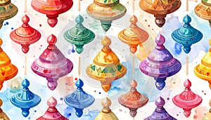 Colorful Watercolor Spinning Tops Seamless Pattern
