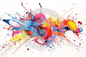 Colorful watercolor splash on white background of yellow, violet, blue, pink and red colors. Generative ai