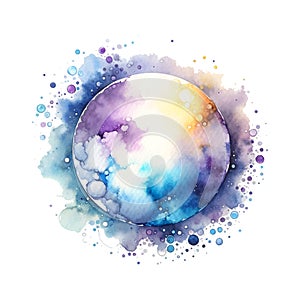 Colorful watercolor spot splash splatter stain brush strokes round frame on white background. Modern vibrant aquarelle spot.