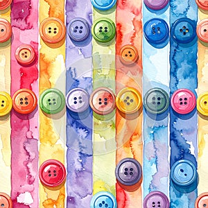Colorful Watercolor Stripes and Buttons Seamless Pattern Background