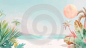 Colorful watercolor summer landscape background with tropical leaves and palms. Copy space