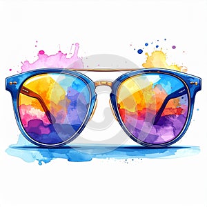 Colorful Watercolor Sunglasses with Sunset Reflection