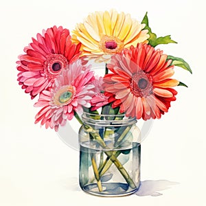 Colorful Watercolor Vase With Gerbera Flowers Illustration