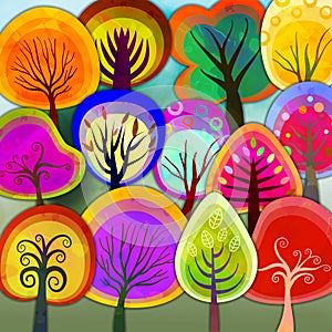 Colorful Watercolor Woodland Enchanted Forest Trees