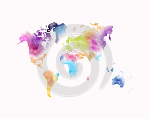 Colorful watercolor world map isolated on white